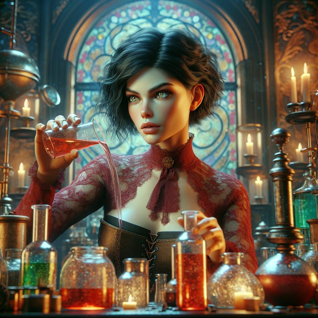 Young Alchemist in Dimly-Lit Studio: Concept Art