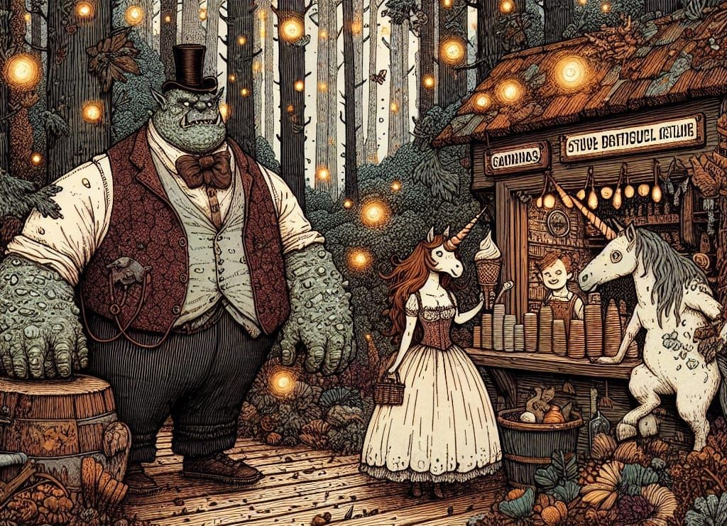 Ogre and Unicorn's Whimsical Day: Pen and Ink Fantasy