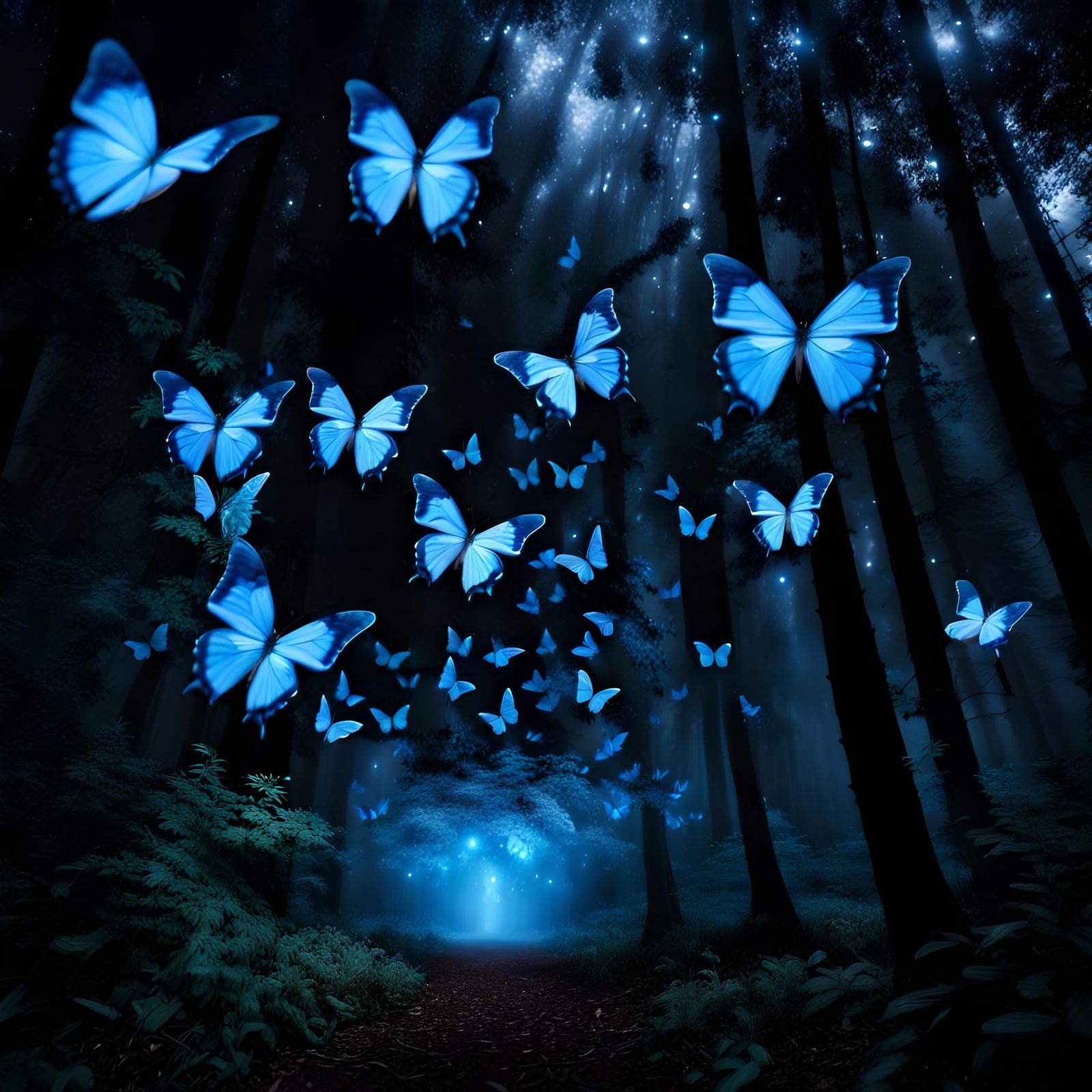 Mystical Blue Butterflies Dance in Dark Woodland