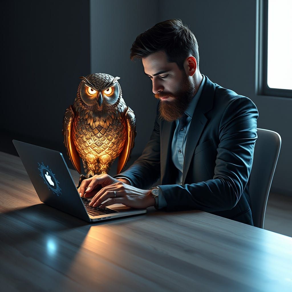 Focused Man Types on Laptop with Hyperrealistic Mechanical O...