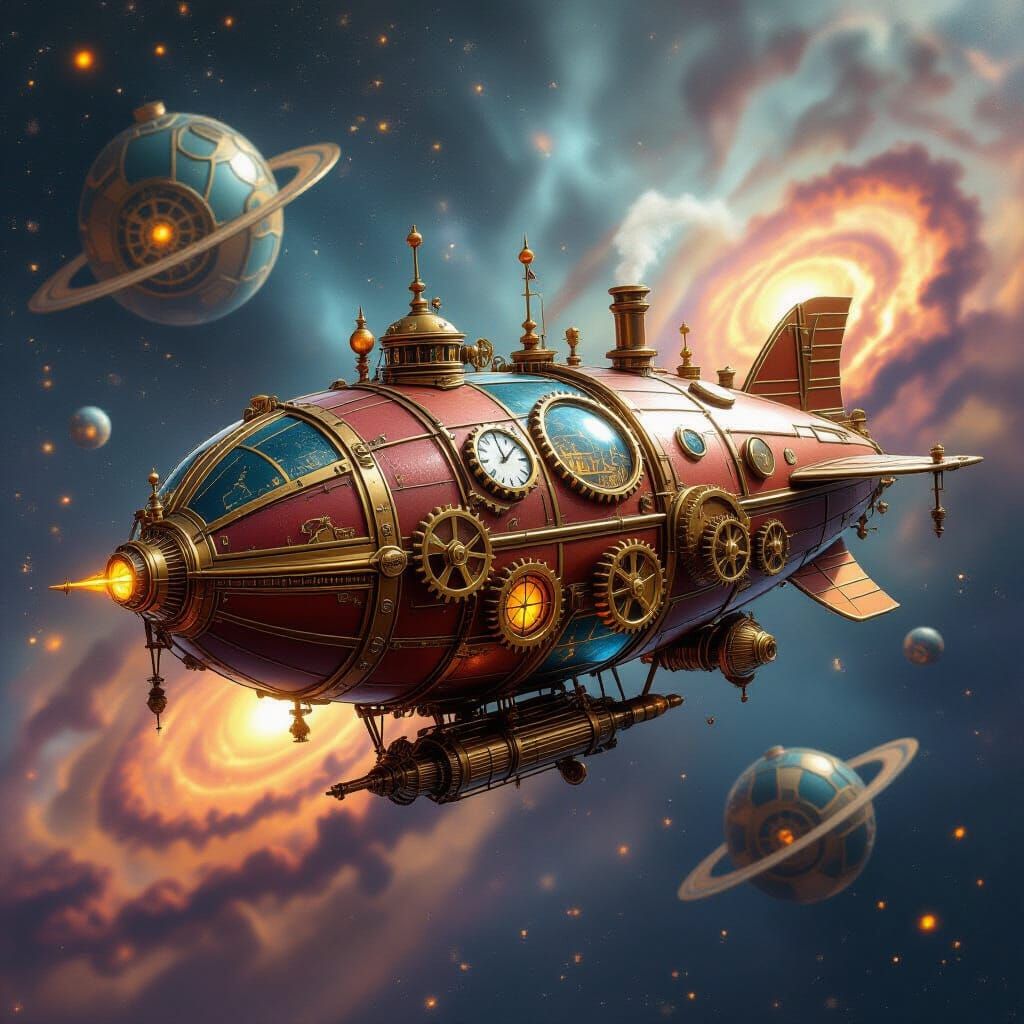 Steampunk Airship Soaring Through Clockwork Galaxy