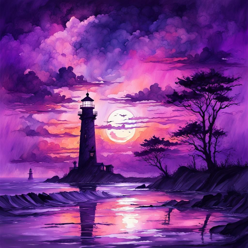 Purple Sunset Lighthouse Seascape in Cyberpunk Watercolor St...