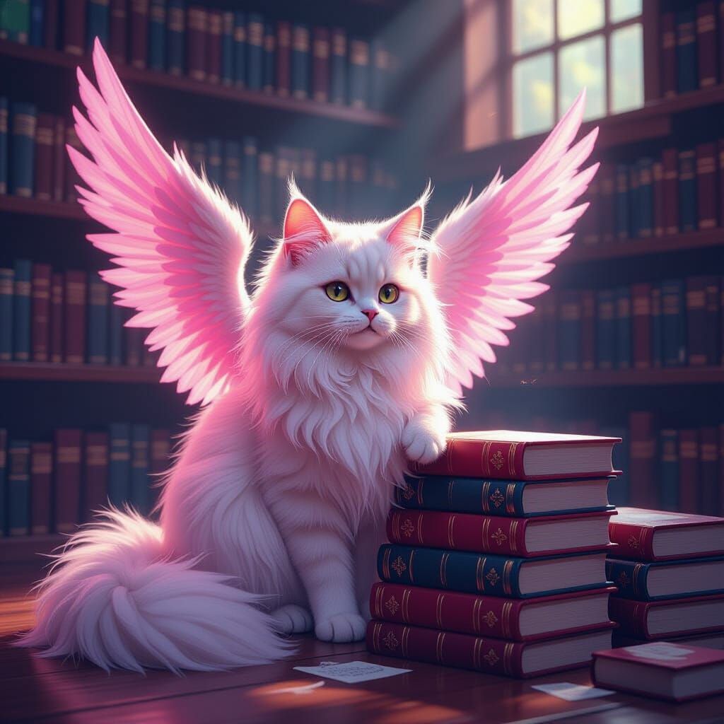 Fluffy Pink Cat with Wings in Library