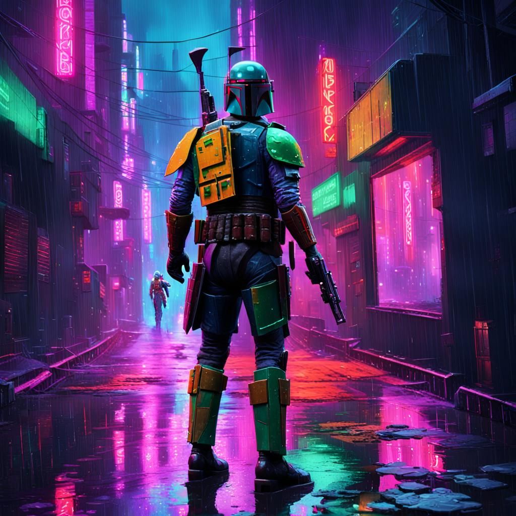 Boba Fett in Cyberpunk 2099 Alleyway