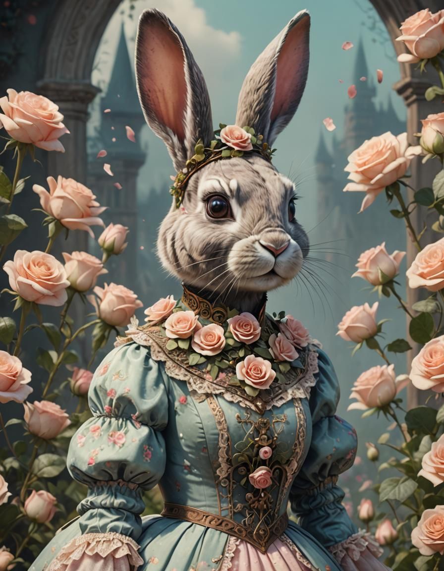 Victorian Bunny with Roses: Detailed Matte Painting