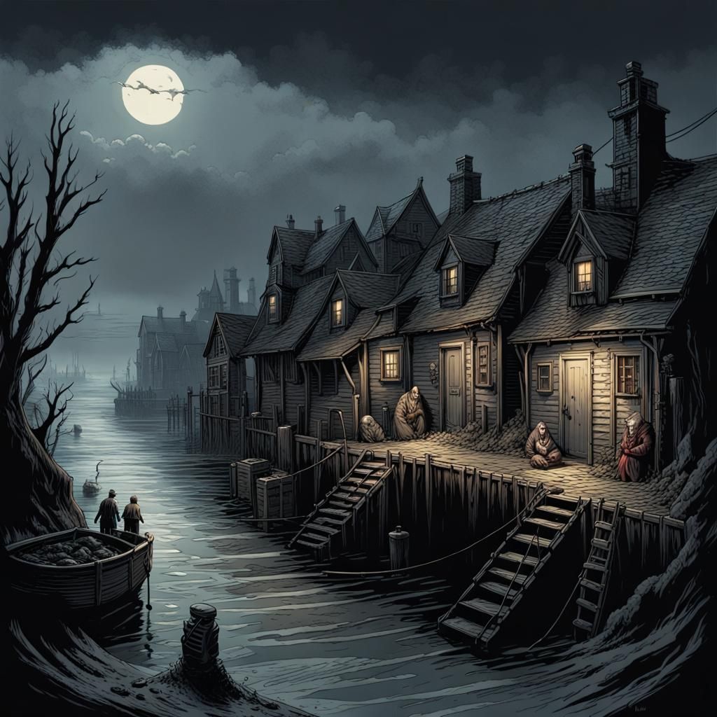 Eerie Coastal Village in Lovecraftian Style