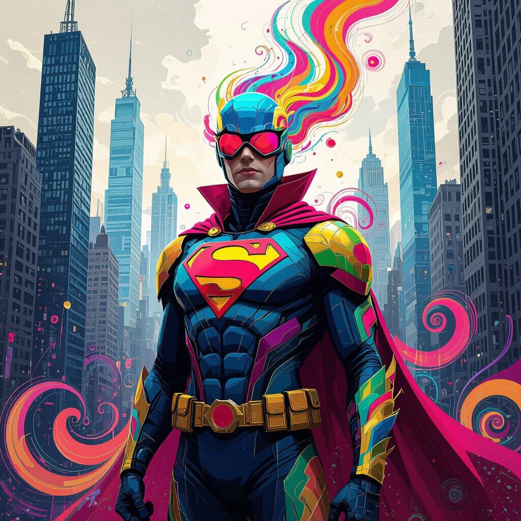 Superhero in a Surreal, Distorted Cityscape