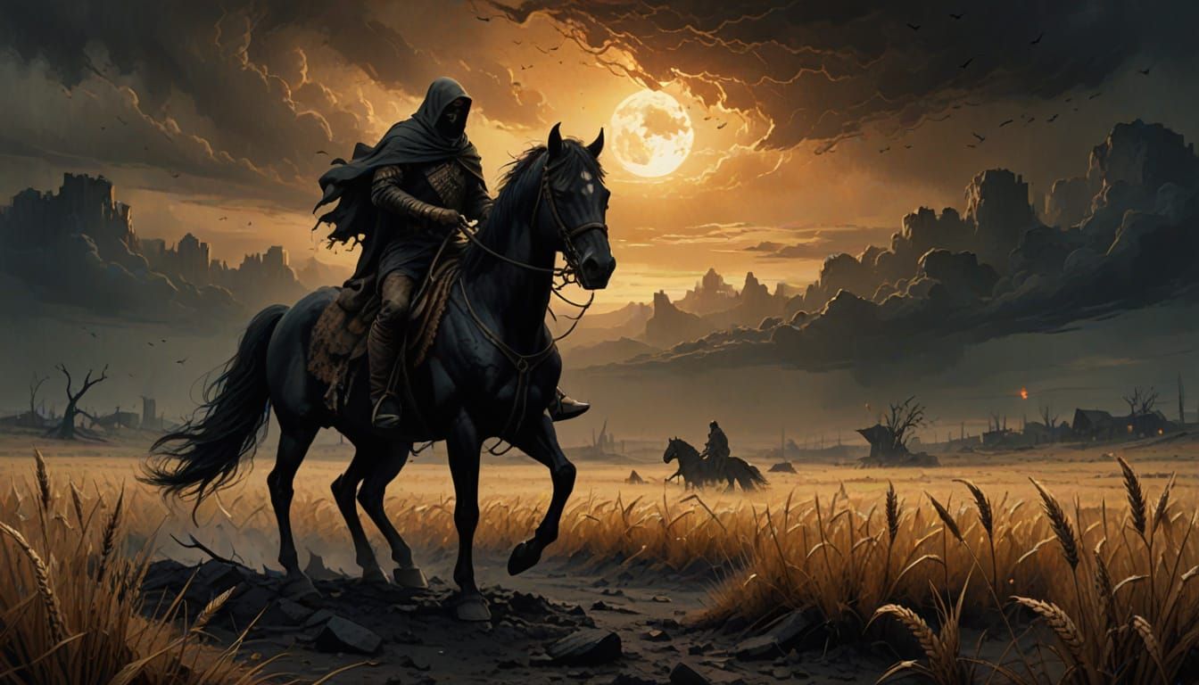 Apocalyptic Rider on Black Horse with Scales