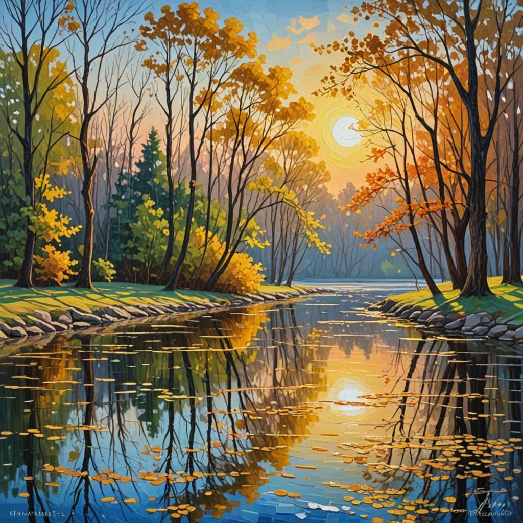 Golden Hour Park by River in Impasto Oil