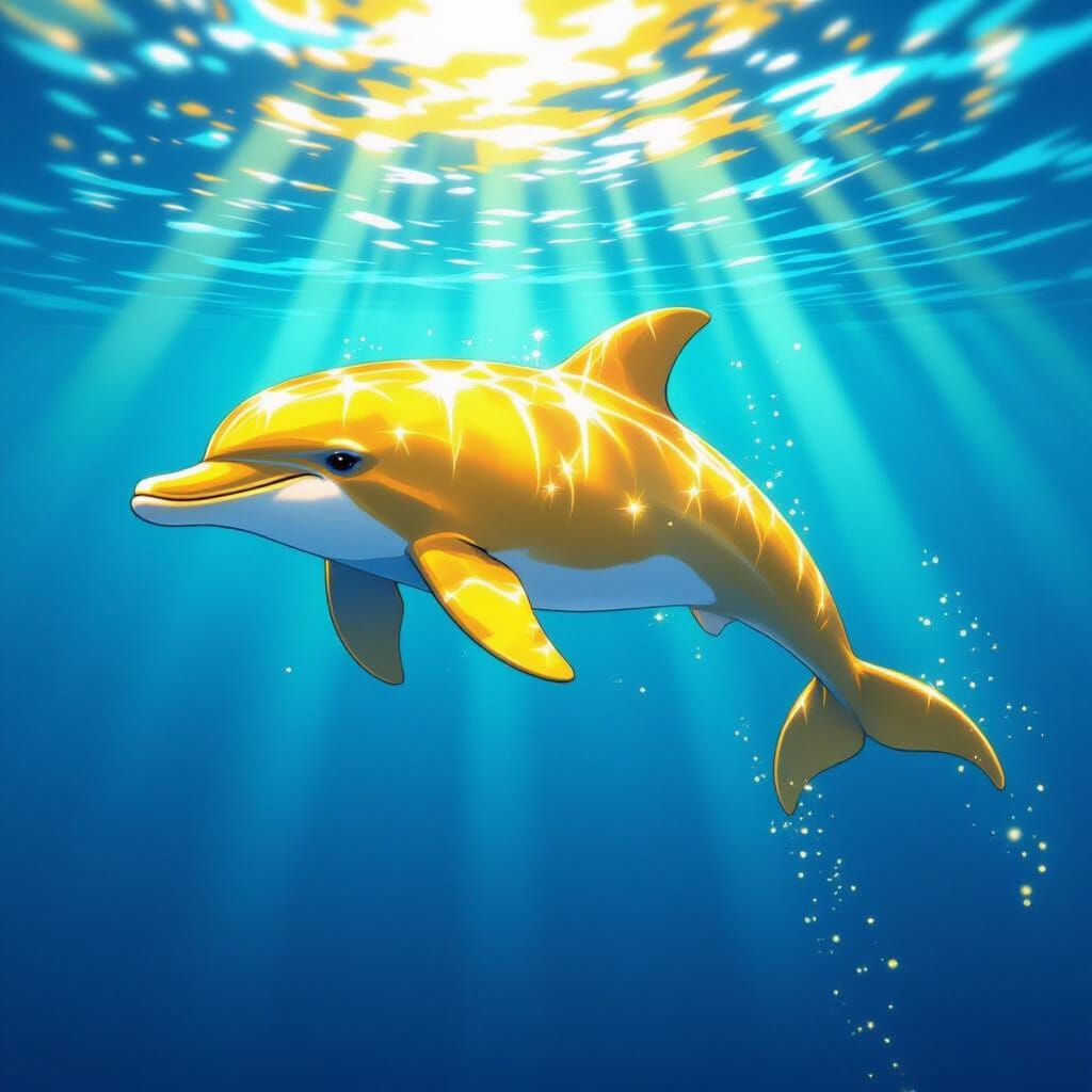 Golden Dolphin Swims in Sparkling Blue Water