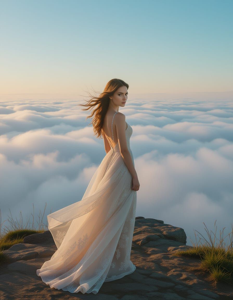 Ethereal Woman Overlooking a Sea of Clouds