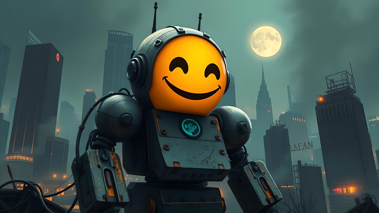 Emoji Robot in Dystopian Wasteland Painting