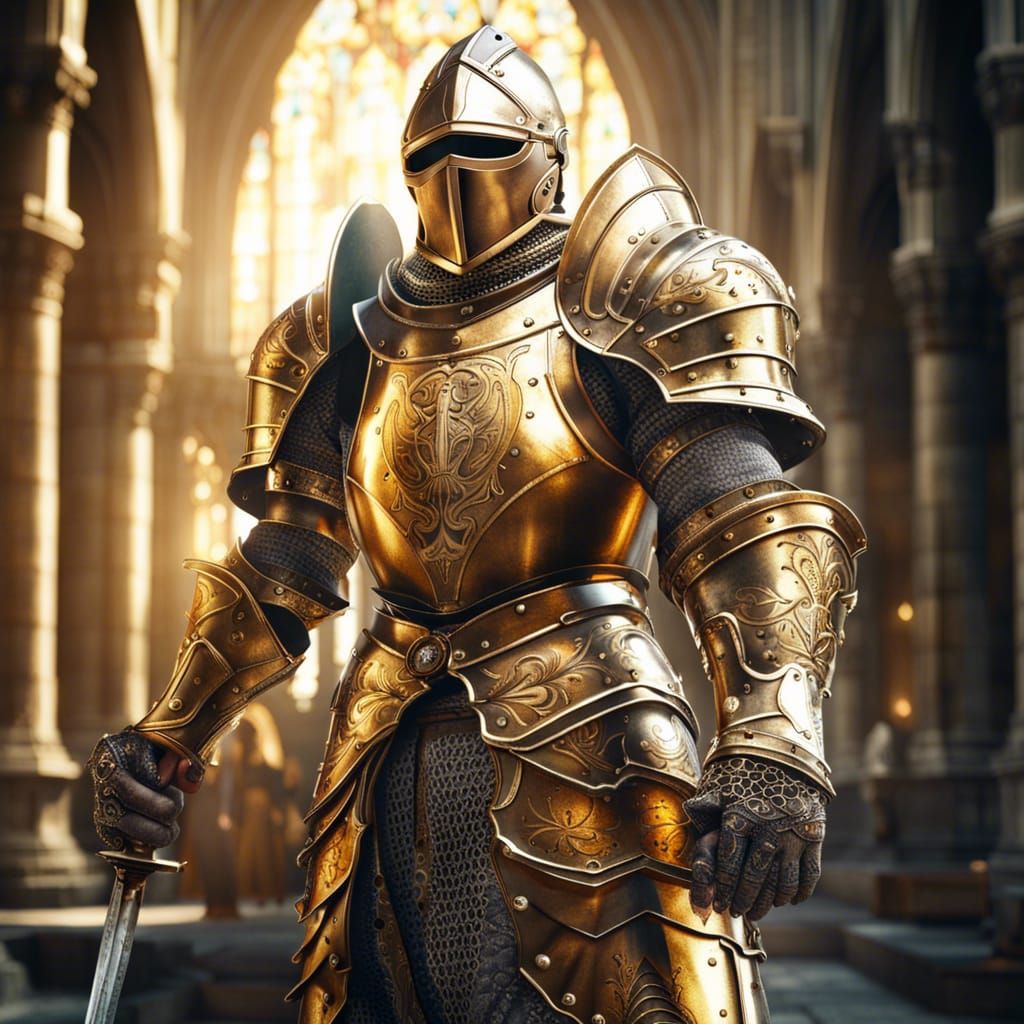 Victorious Knight in Golden Armor, Medieval Cathedral