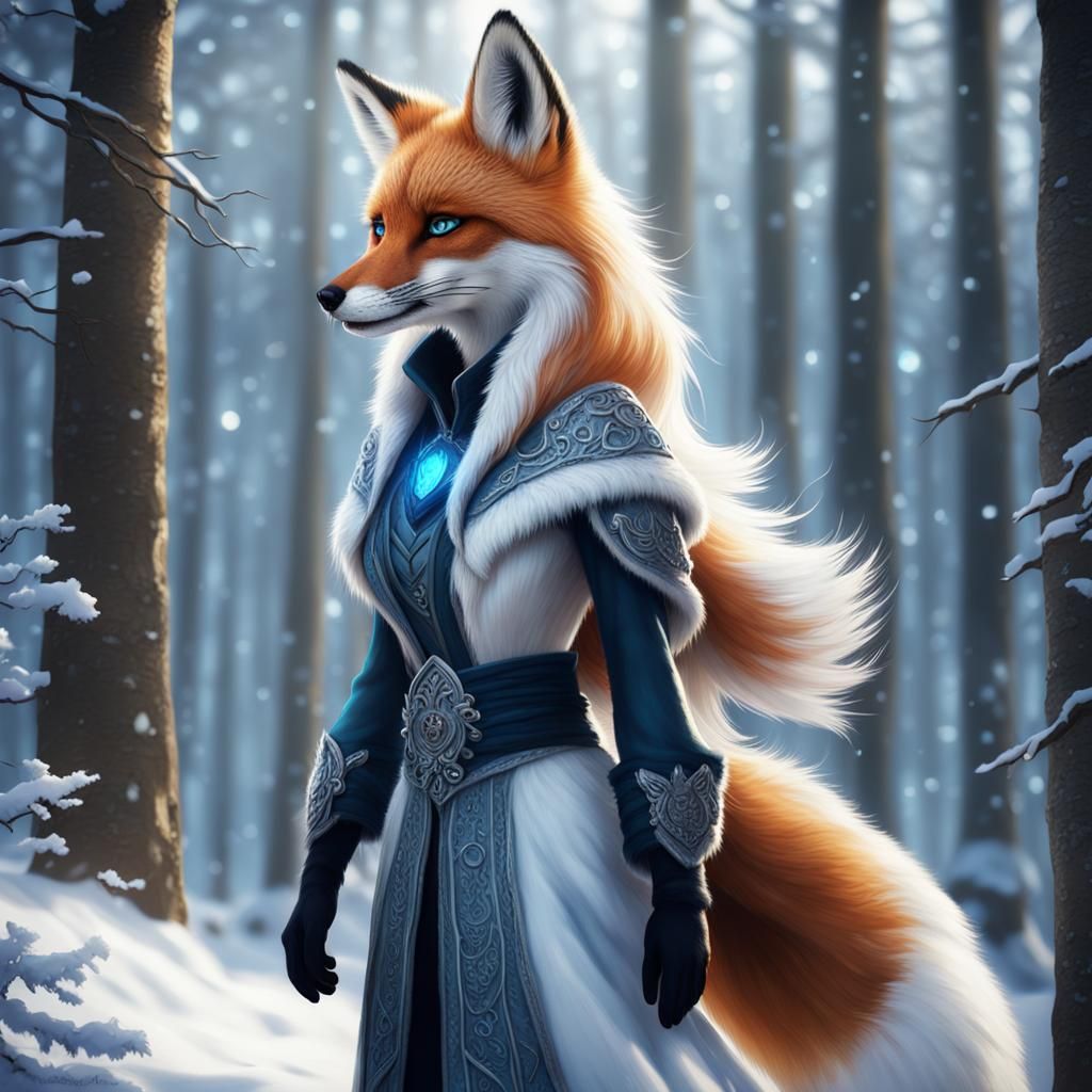 A beautiful furry anthropomorphic female fox mage walking in a snow covered forest, deep-blue eyes, extremely long eyela...