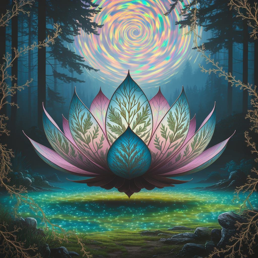Ethereal Stained Glass Lotus in Forest Glade