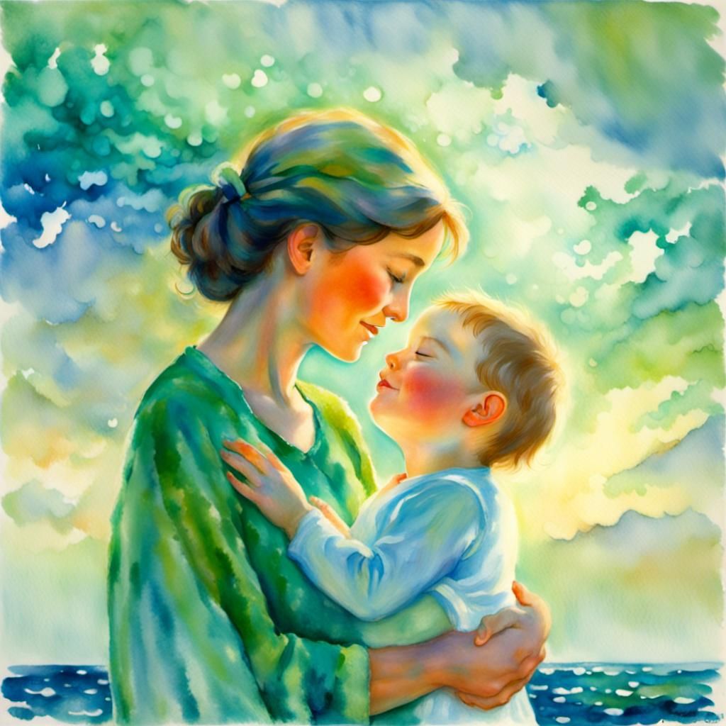Mother and Son's Affectionate Kiss in Watercolour
