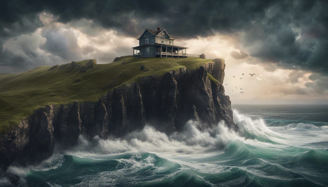 Cliffside House Amidst Approaching Storm