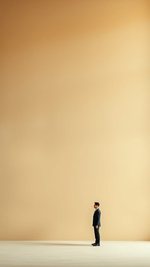 Lone Figure in Vast Beige Space with Subtle Warm Lighting