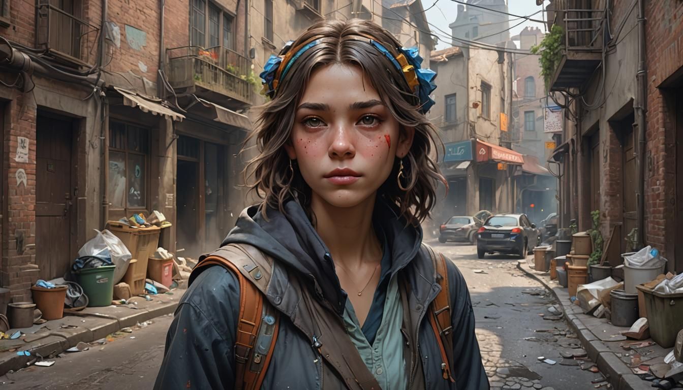 Detailed Portrait in Trash-Filled Village Alley