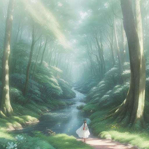 Ghibli-Style Girl in Forest, Watercolor Soft Focus