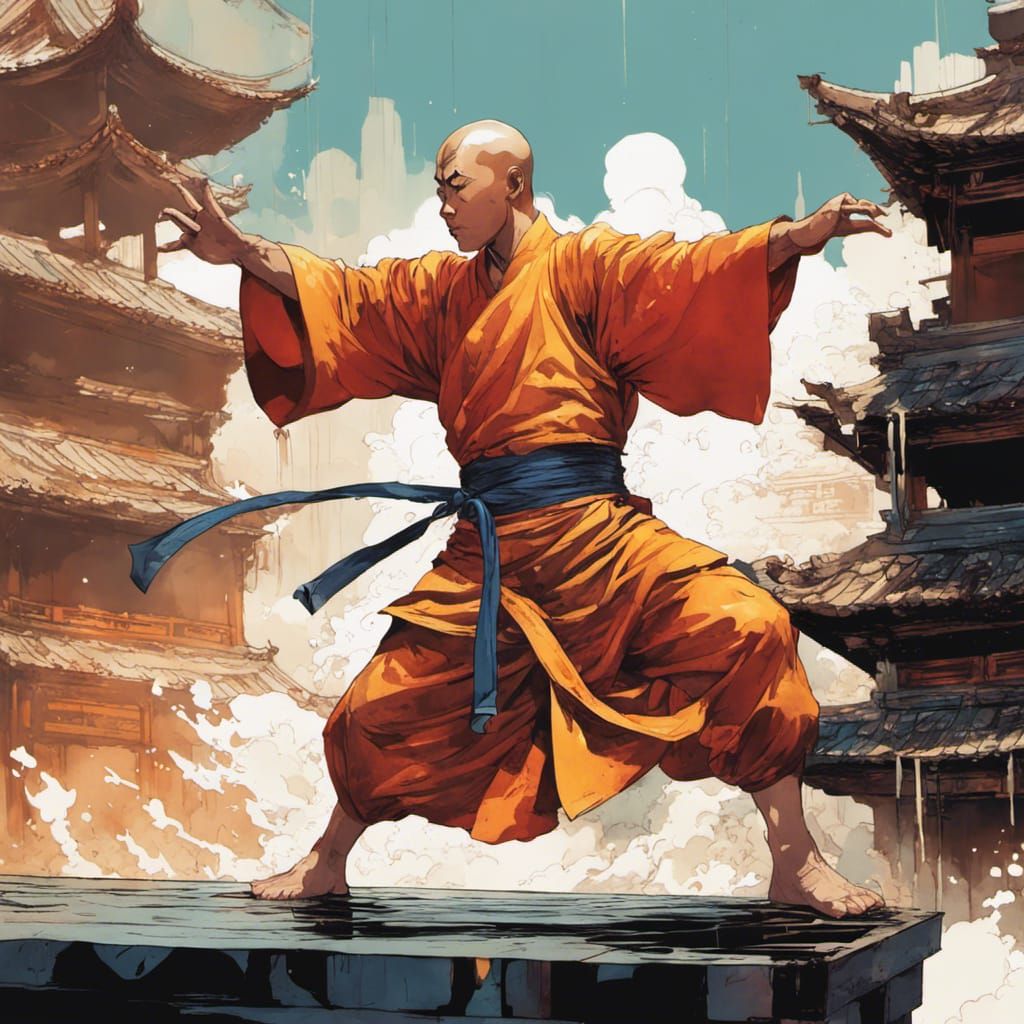 Dynamic Kung Fu Monk in Watercolor Comic Art