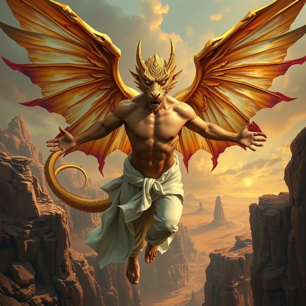 Majestic Golden Dragon Angel Soars Through Desert Canyon