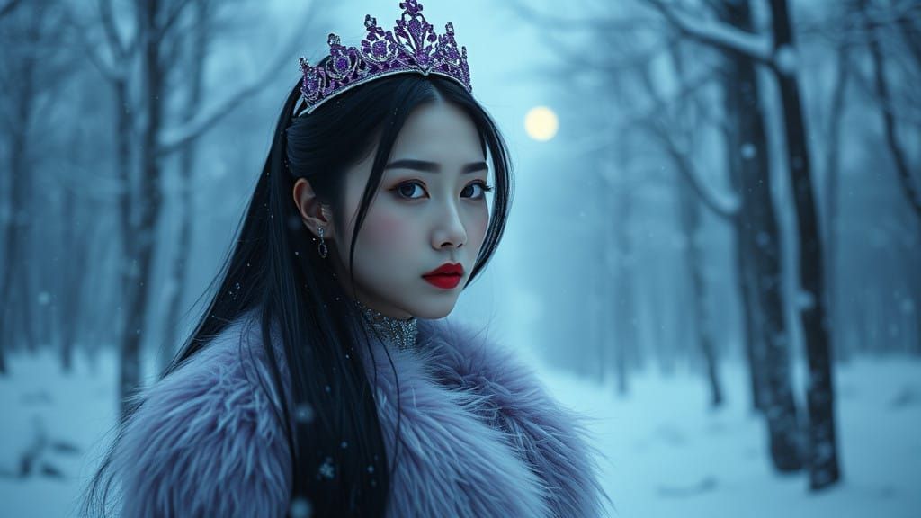 Isolated Korean Woman in Lavender-Hued Fur Coat Amidst Snowy...