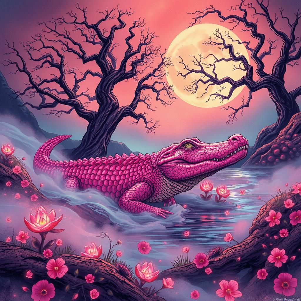 Pink Crocodile in Mystical Borderlands: Psychedelic Glitch A...