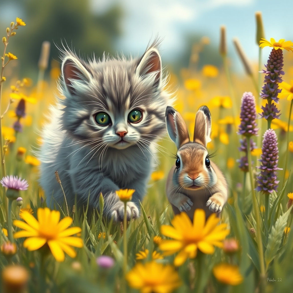 Kitten and Bunny in Wildflower Meadow, Impressionistic Style