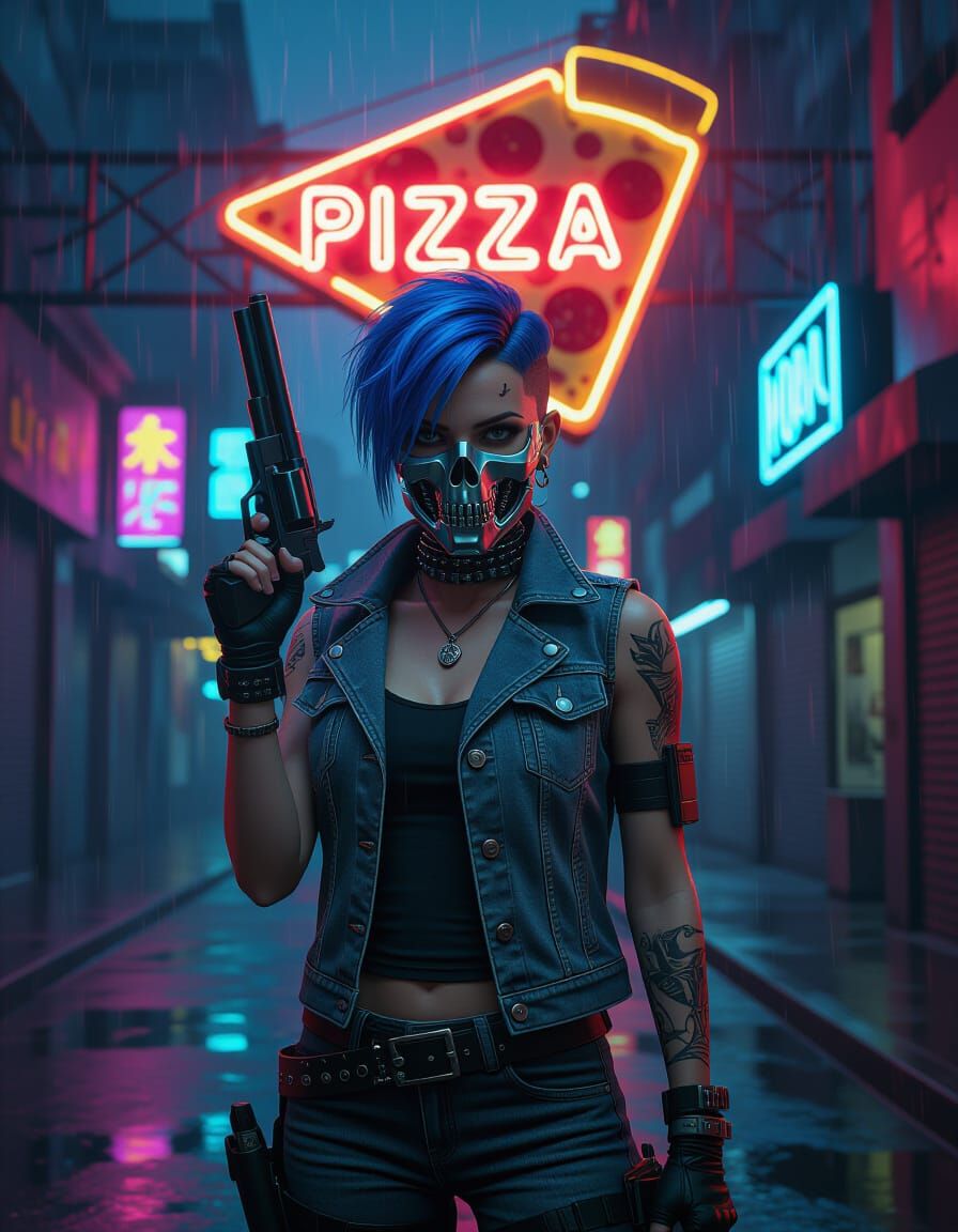 Cyberpunk Gunslinger with Skull Mask in Neon Cityscape