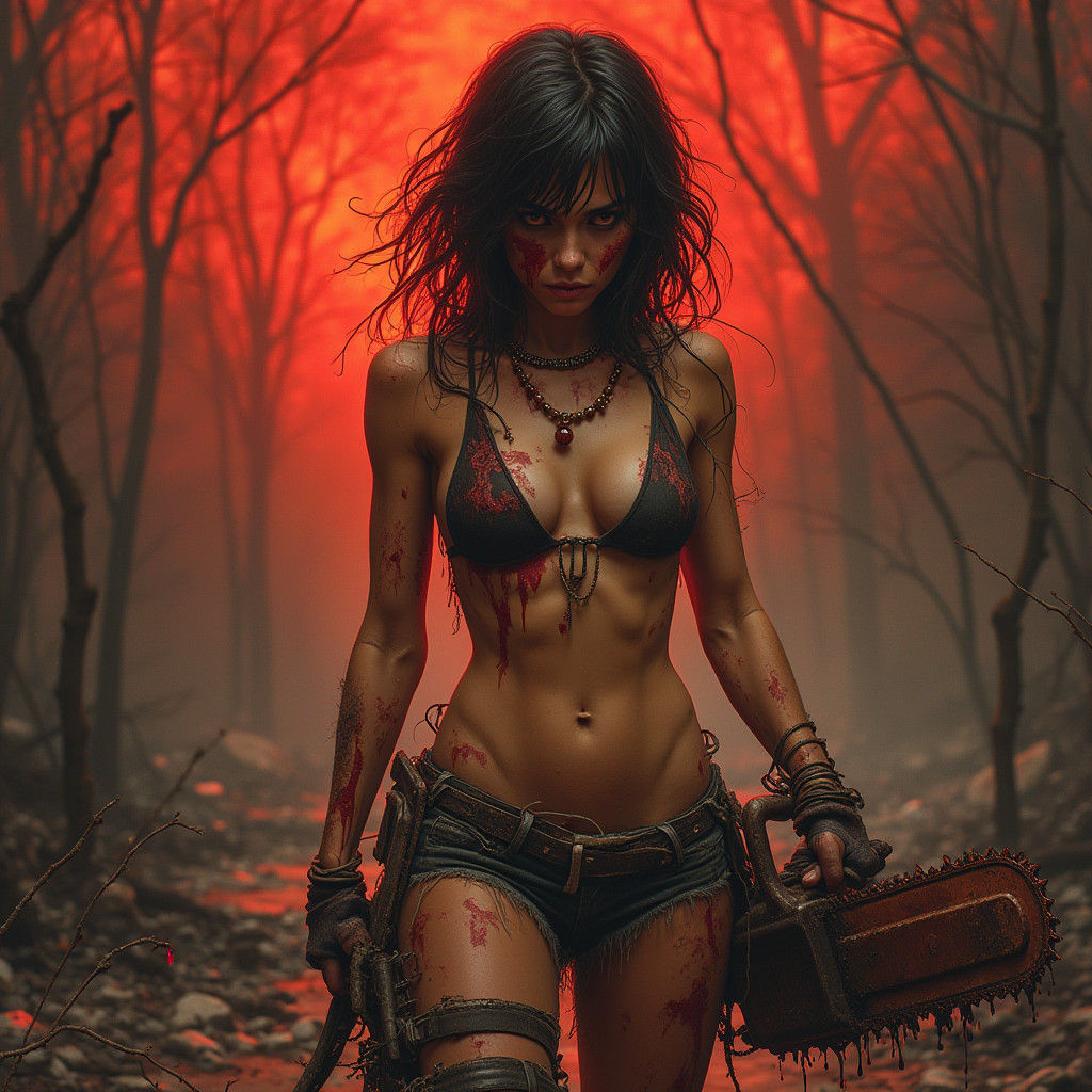 Blood-stained Warrior Woman with Chainsaw in Hellscape