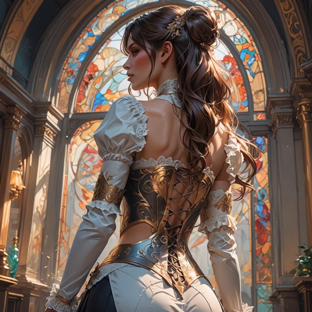 pretty girl from behind, arched and in garter belt and stock...