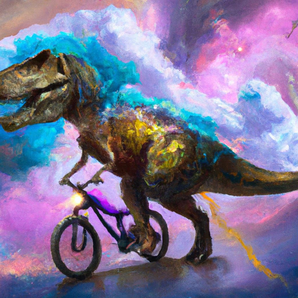 Dinosaur Rides Bike in Space as Bob Ross Painting