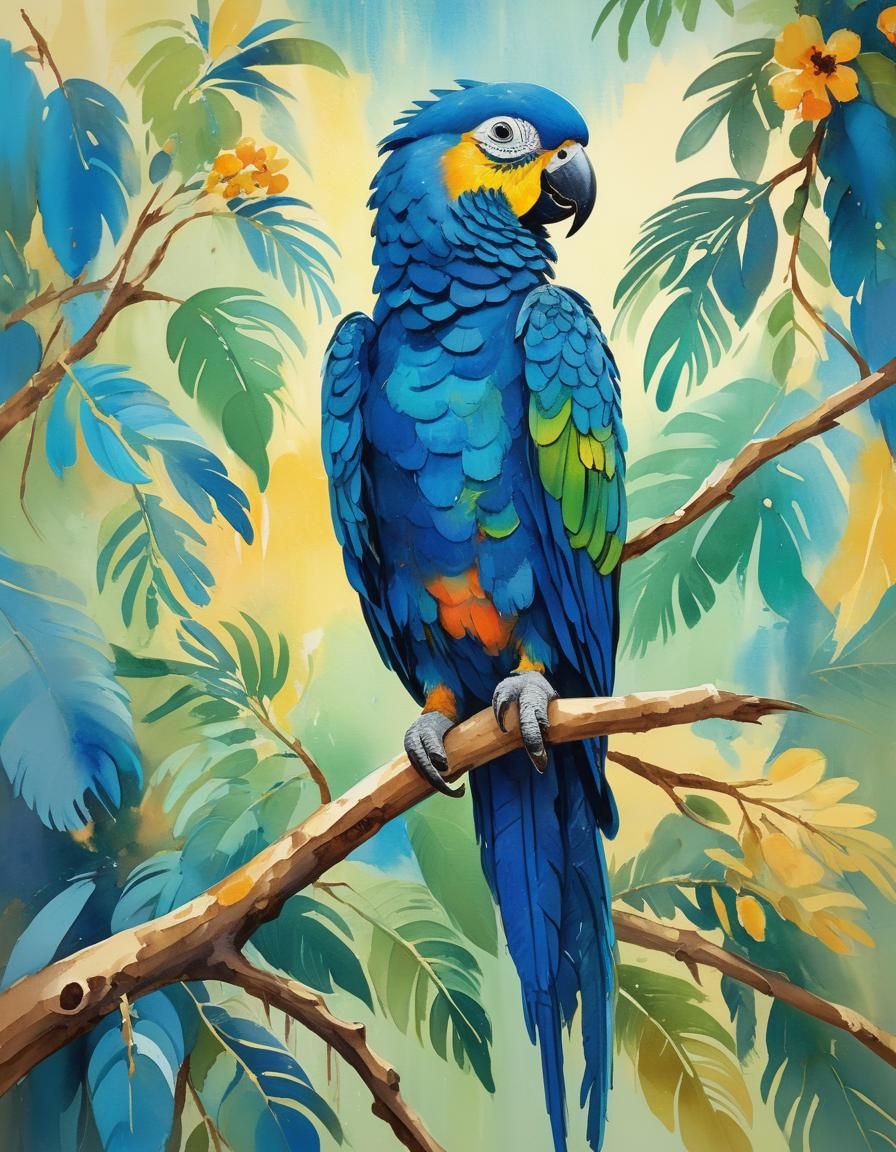 Blue Parrot: An Impressionist Gouache Masterpiece