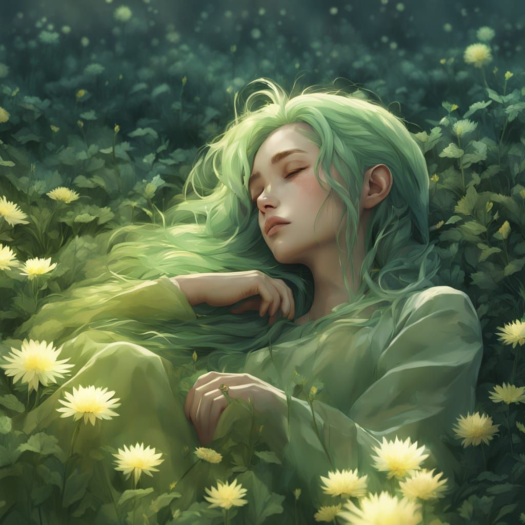Anime Dryad Girl Blossoms in Wilted Landscape