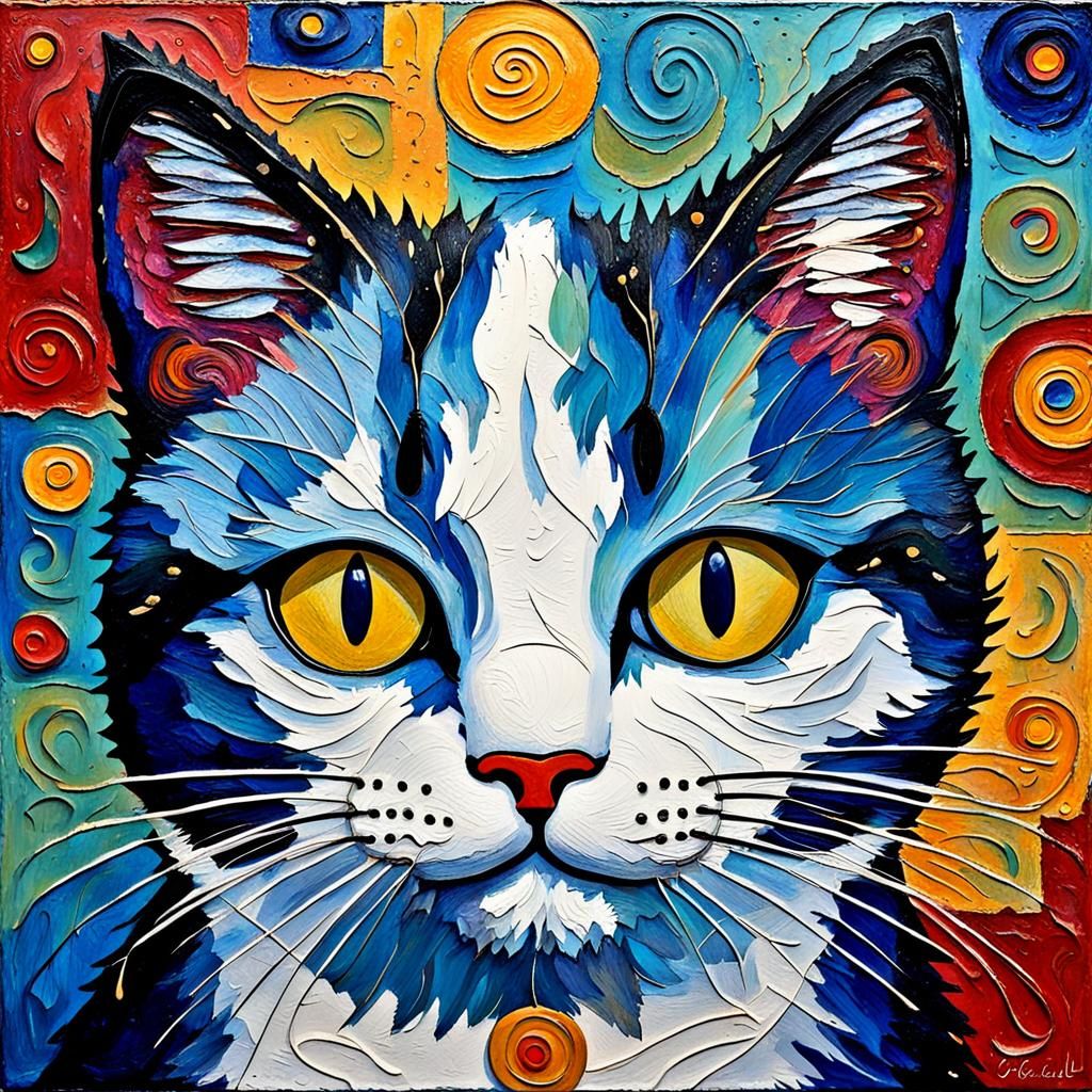 Abstract Folk Art Cat Face in Impasto Style
