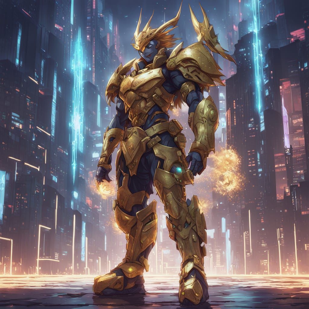 Angelic Soldier Guardian with Y-Blade in Sci-Fantasy City