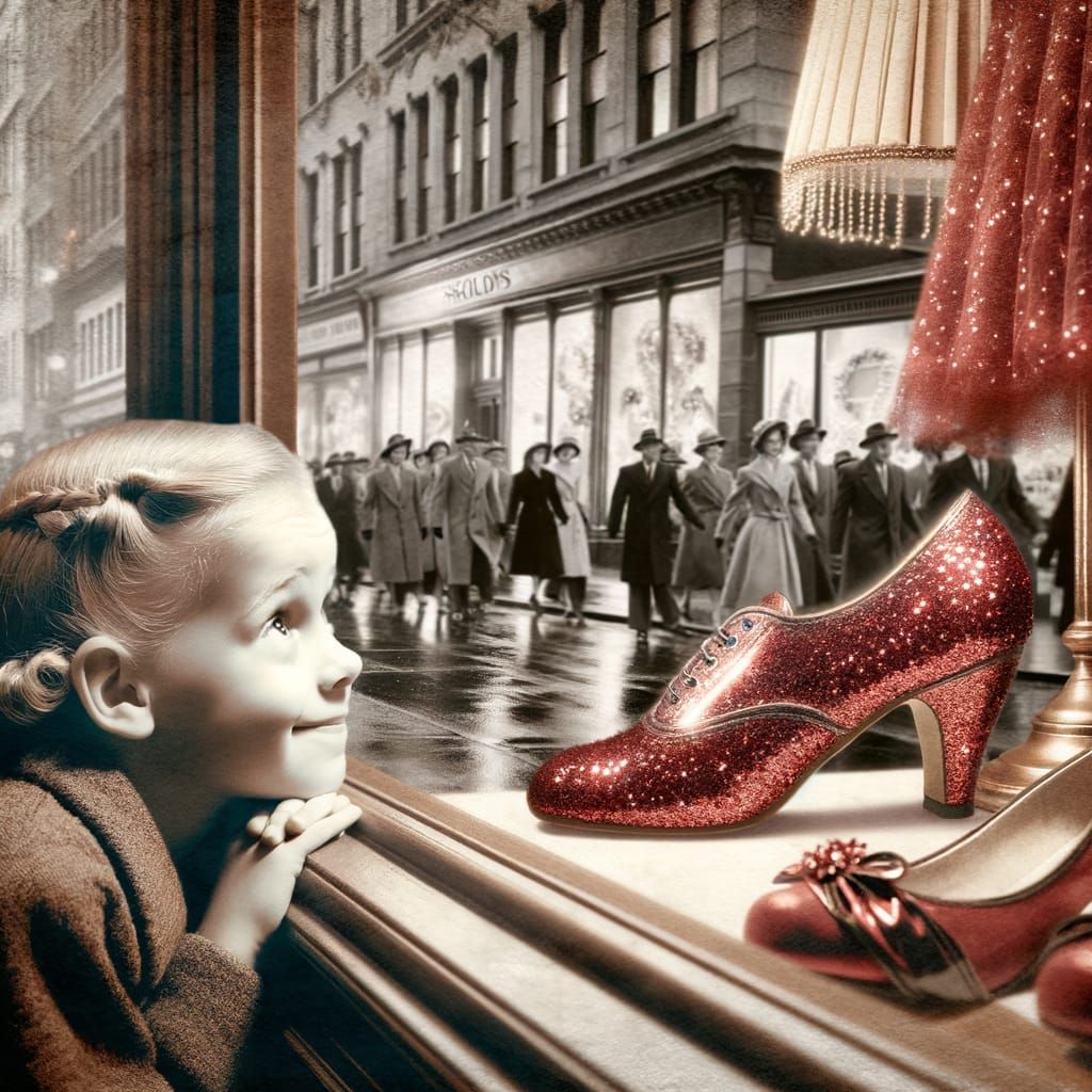 Girl Dreams of Red Shoes in 1950s Street Scene