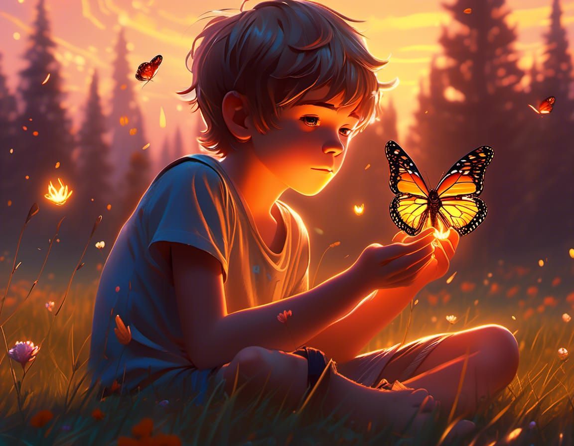 Boy with Glowing Butterfly in Golden Meadow