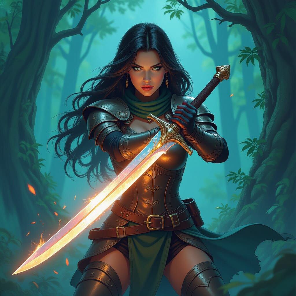 Fantasy Warrior in Mystical Forest, Vibrant Fantasy Art