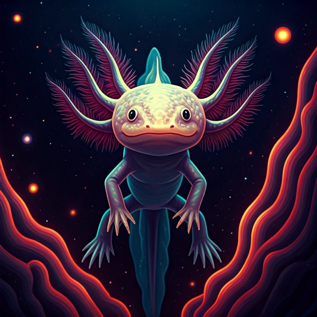 Galactic Axolotl in Shimmering Starry Nebula