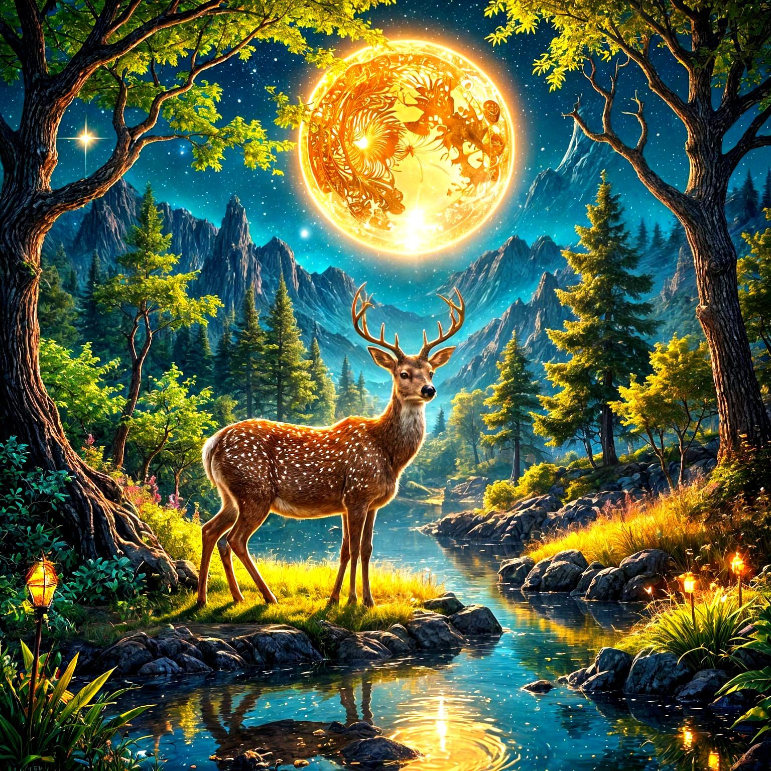 Stardust Deer in Dreamlike Fantasy Landscape
