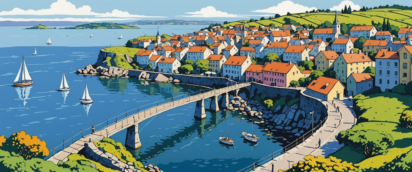 Naive Folk Art View with Arched Bridges and Sailboats