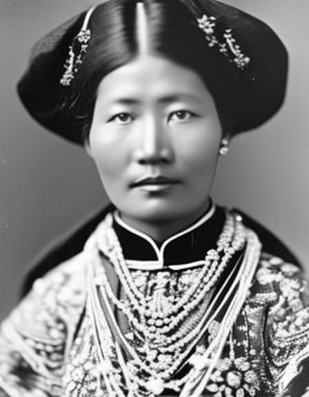 Twentysomethin Jurchen woman in traditional Jurchen dress, 1...