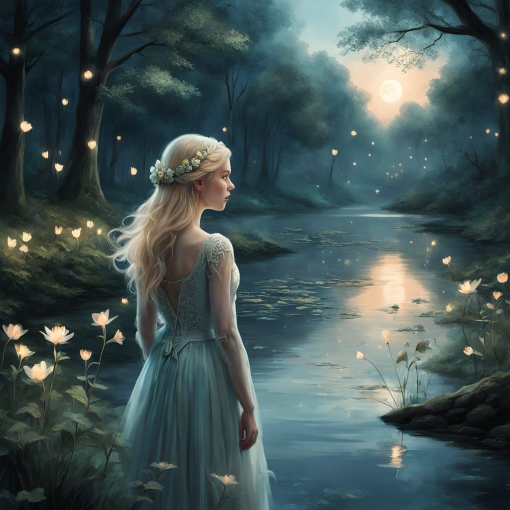Ethereal Forest Grove: Woman Contemplates by Luminescent Riv...
