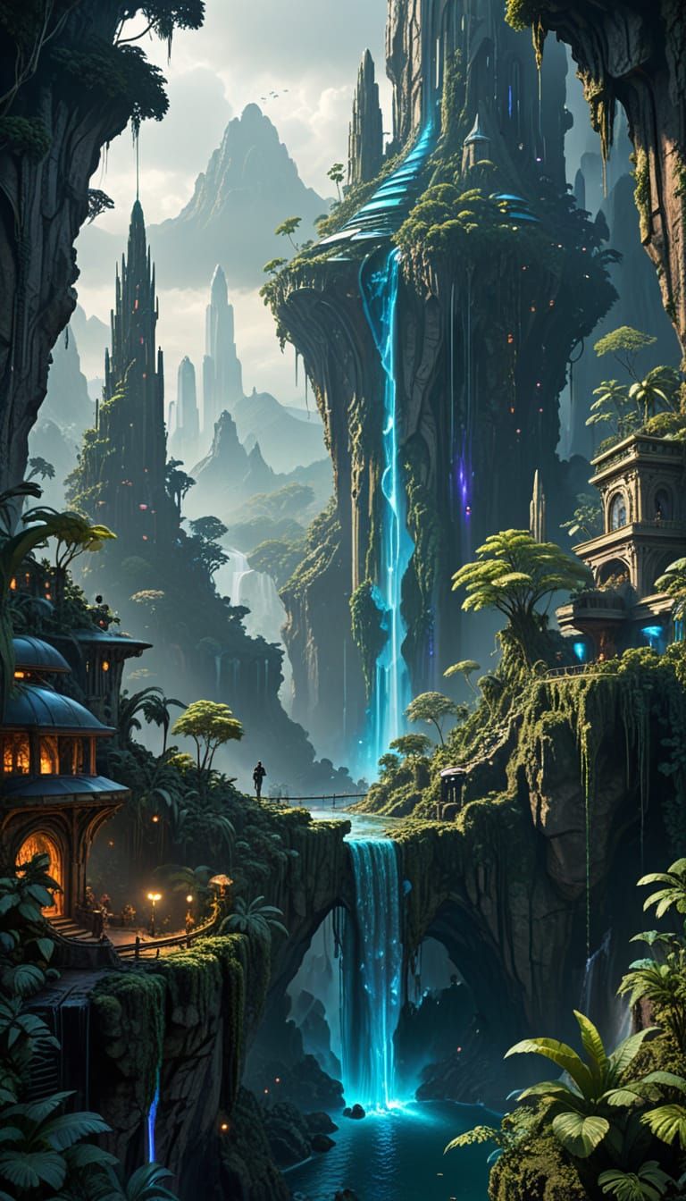 Alien Overlooks Waterfall City in Futuristic Jungle