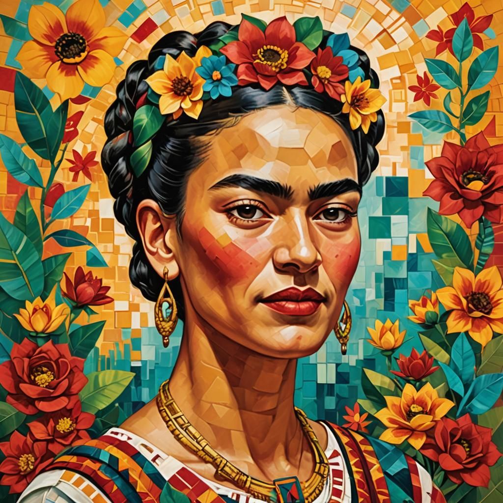 Vibrant Cubist Portrait of Frida Kahlo