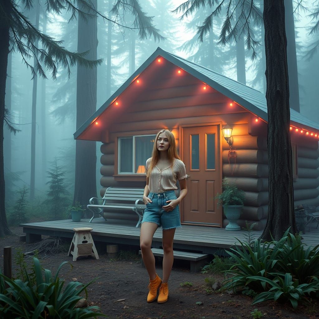 Woman at Pastel Cabin in Misty Vaporwave Woods