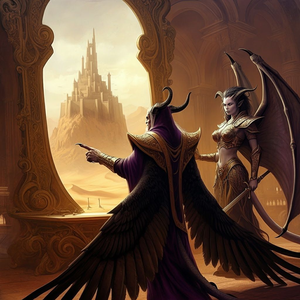 Winged Sorcerer Points to Castle in Opulent Palace Meeting R...