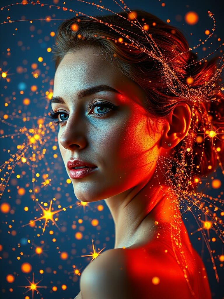 Beautiful Woman Surrounded by Golden Stardust in Dreamy Fant...